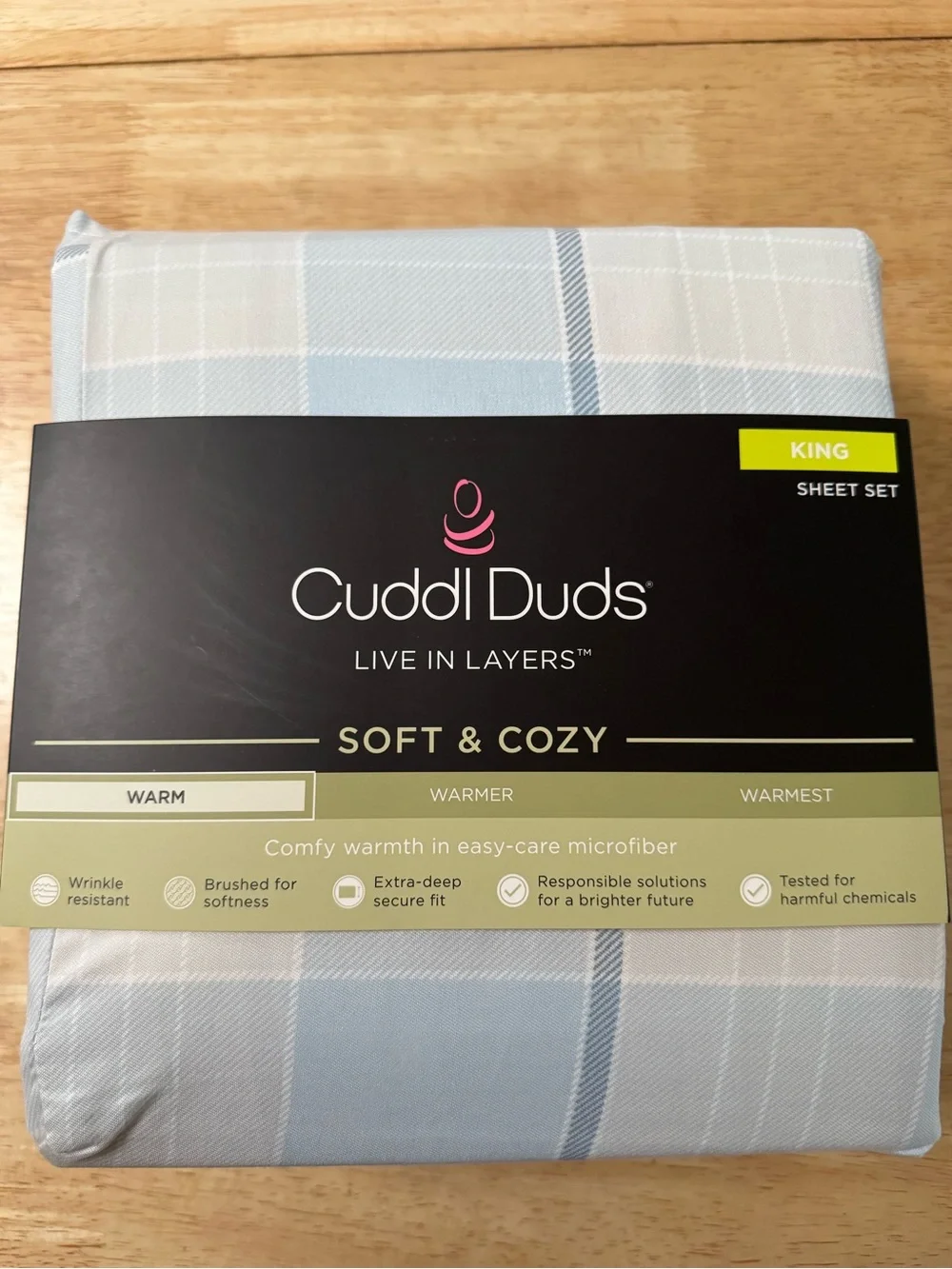 NWT Cuddl Duds King Microfiber Sheet Set Plaid Blue White Soft & Cozy New